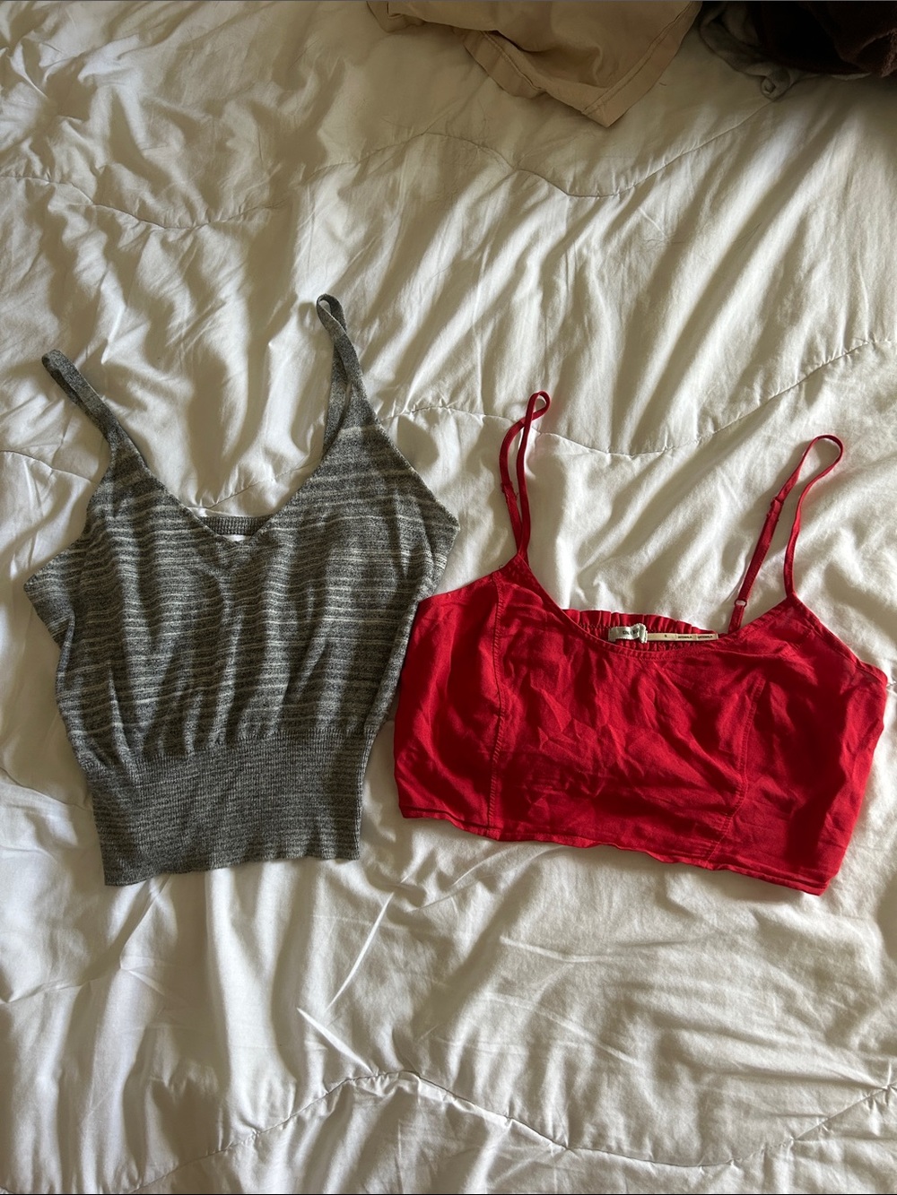 Take both! Gray Ribbed Striped Tank Top & UO Red Cropped Cami Duo